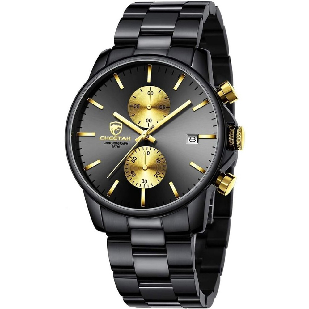 NWT Men’s Black Gold Stainless Steel Chronograph Moon Phase Dress Watch